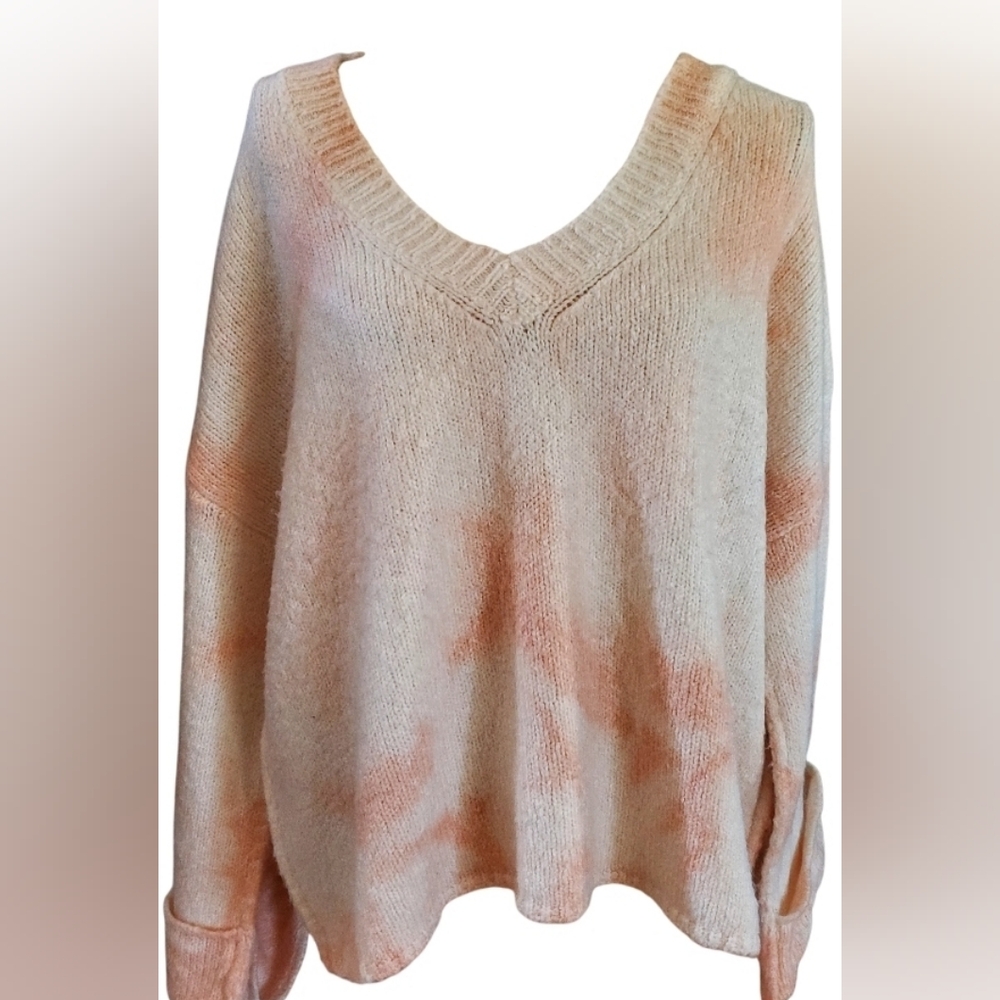 Anthropology Women's V-Neck Tie-Dye Pullover Sweater Peach/Cream Size Large